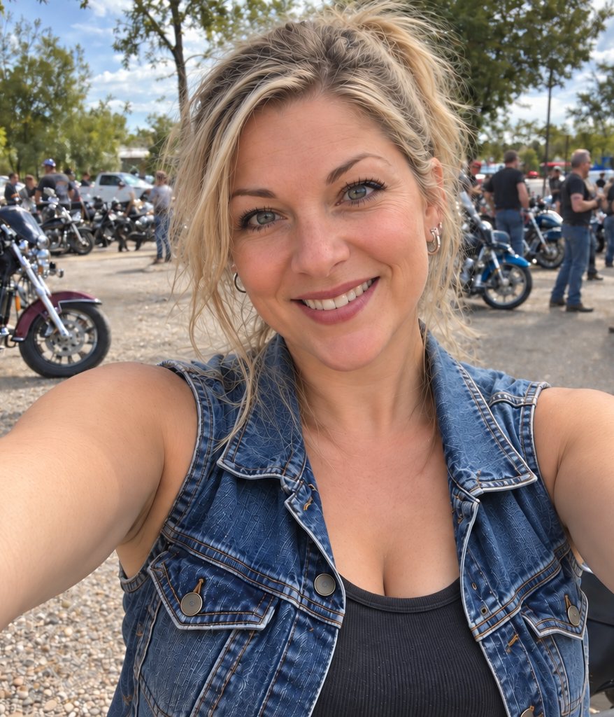 A smiling woman in a denim vest taking a selfie at a motorcycle rally, bikes parked behind her.