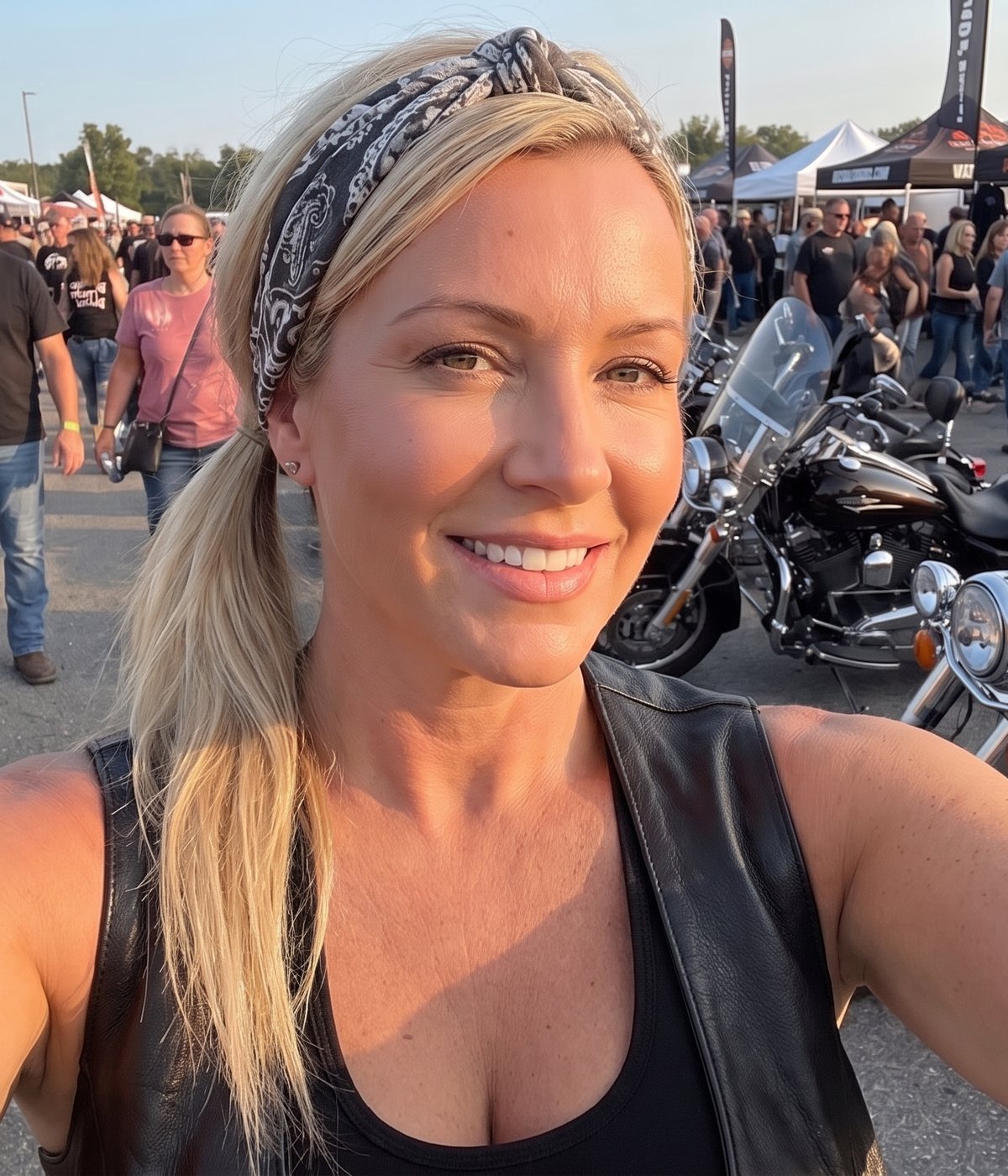A smiling woman in a bandana and leather vest taking a selfie at a motorcycle rally, bikes parked behind her.