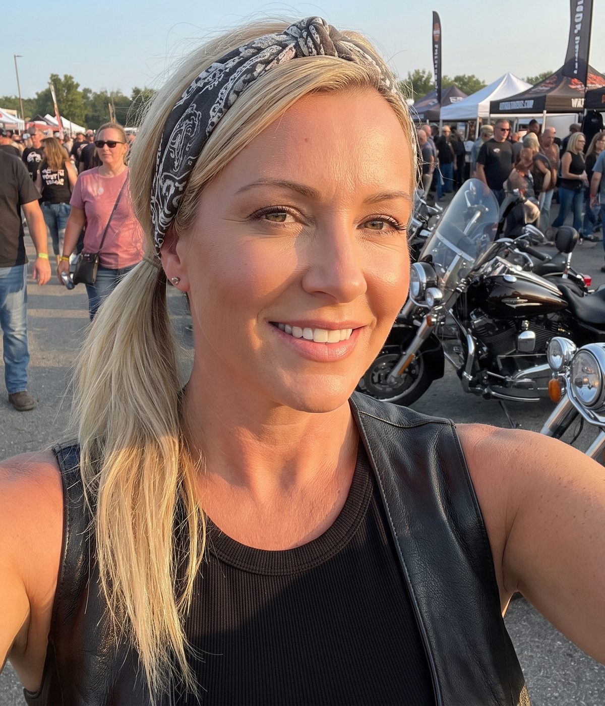 A smiling woman in a bandana and leather vest taking a selfie at a motorcycle rally, bikes parked behind her.