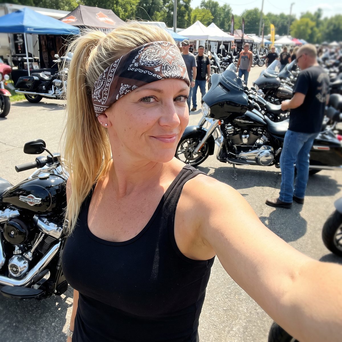 A smiling woman in a bandana taking a selfie at a motorcycle rally, bikes lined up behind her.